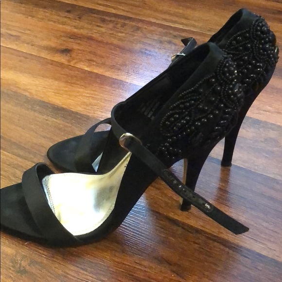 Black Satin with Beading Detail Heels - Picture 3 of 8